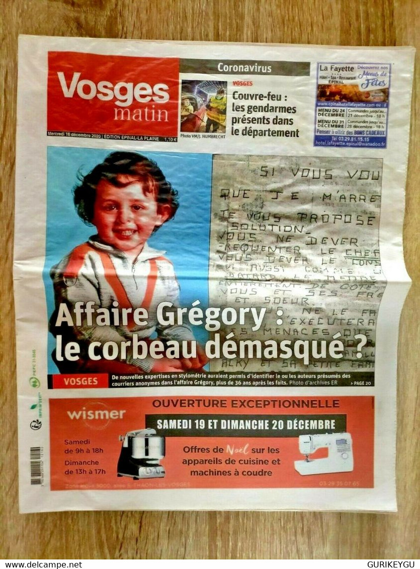 Vosges Matin 16/12/2020 Affaire GREGORY Le Corbeau Démasqué - Lug & Semic
