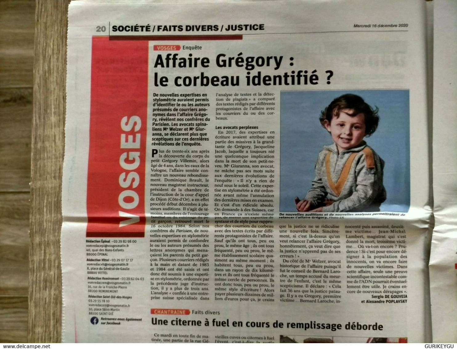 Vosges Matin 16/12/2020 Affaire GREGORY Le Corbeau Démasqué - Lug & Semic