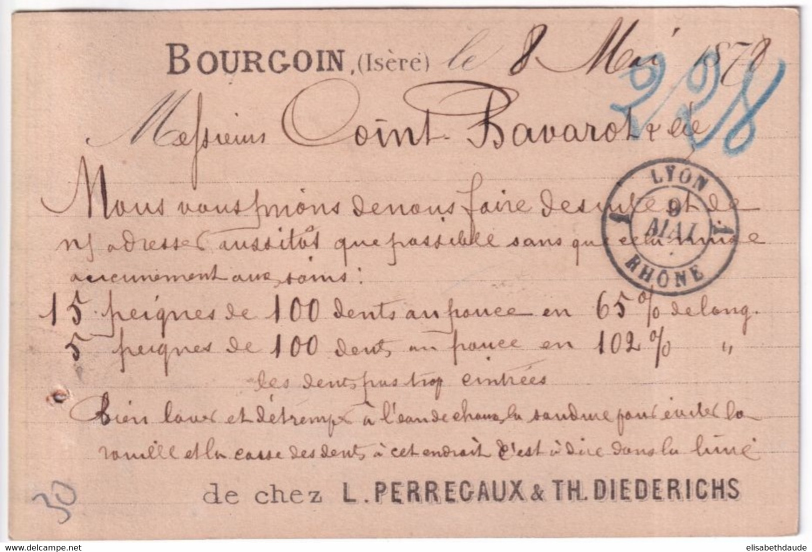 1878 - CARTE PRECURSEUR ENTIER SAGE Avec REPIQUAGE PRIVE ! (PERREGAUX & DIEDERICHS) à BOURGOIN (ISERE) Avec CONVOYEUR - Tarjetas Precursoras
