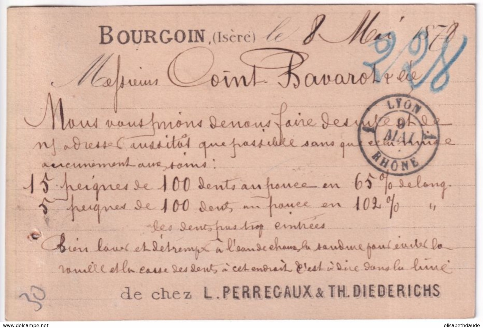 1878 - CARTE PRECURSEUR ENTIER SAGE Avec REPIQUAGE PRIVE ! (PERREGAUX & DIEDERICHS) à BOURGOIN (ISERE) Avec CONVOYEUR - Voorloper Kaarten