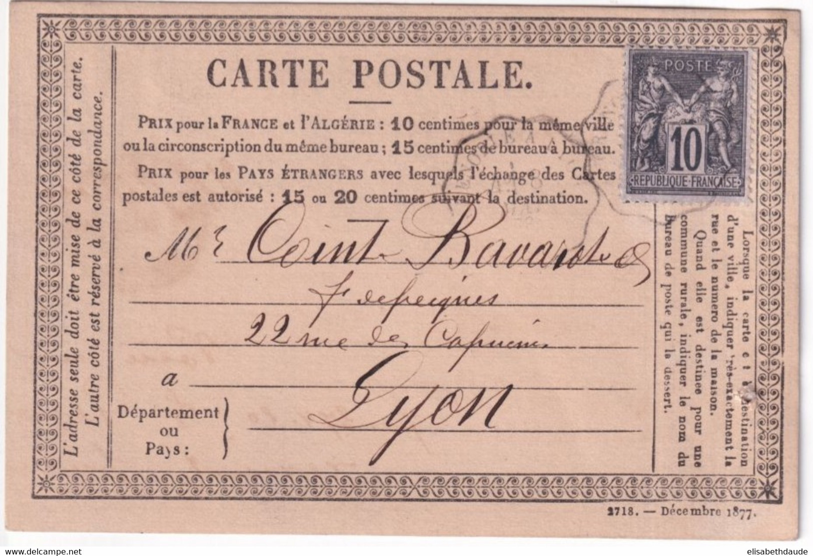 1878 - CARTE PRECURSEUR ENTIER SAGE Avec REPIQUAGE PRIVE ! (PERREGAUX & DIEDERICHS) à BOURGOIN (ISERE) Avec CONVOYEUR - Cartoline Precursori