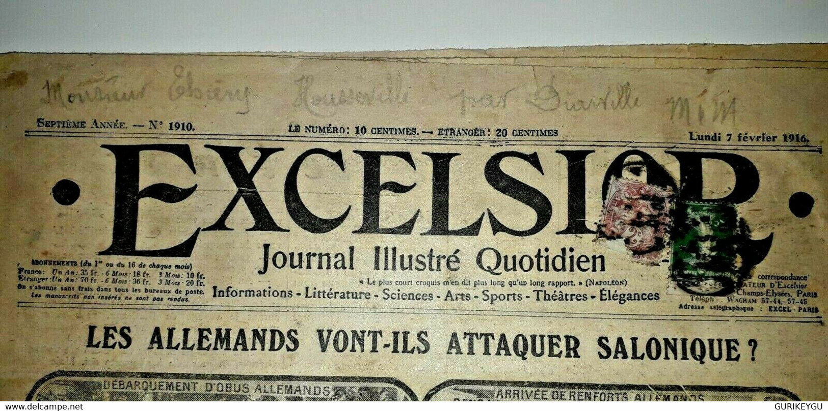 Journal EXCELSIOR N° 1910 HOUSSEVILLE DIARVILLE Mr THIERY Timbre 07/02/1916 - Lug & Semic