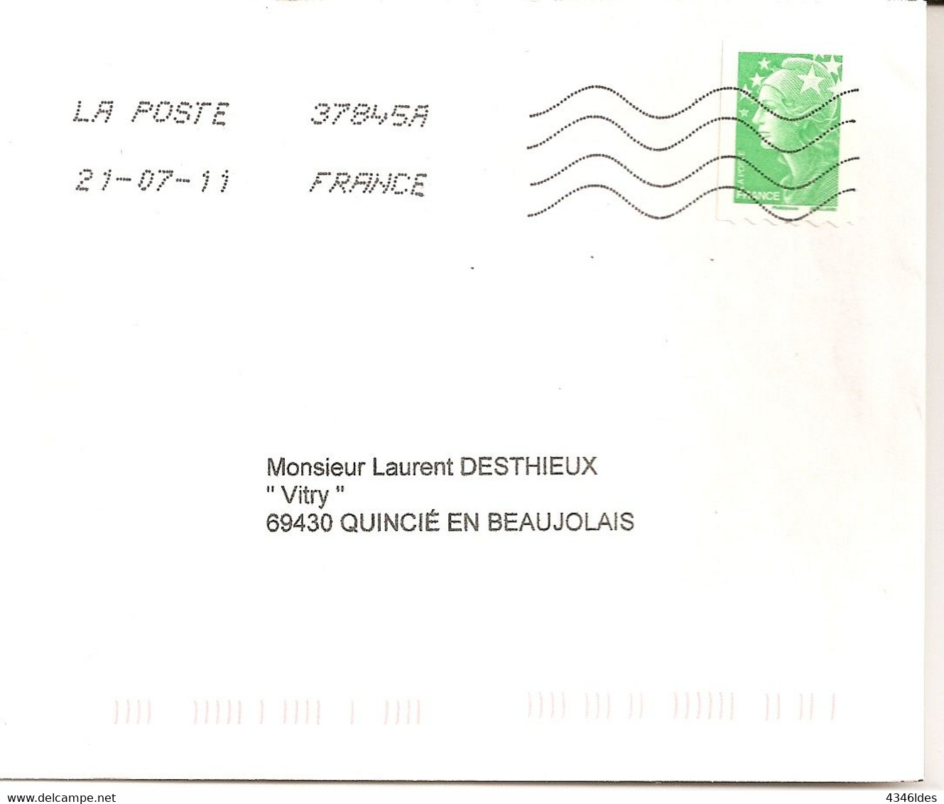 Roulette Pro. Marianne De Beaujard Verte Sur Lettre Rare - Roulettes