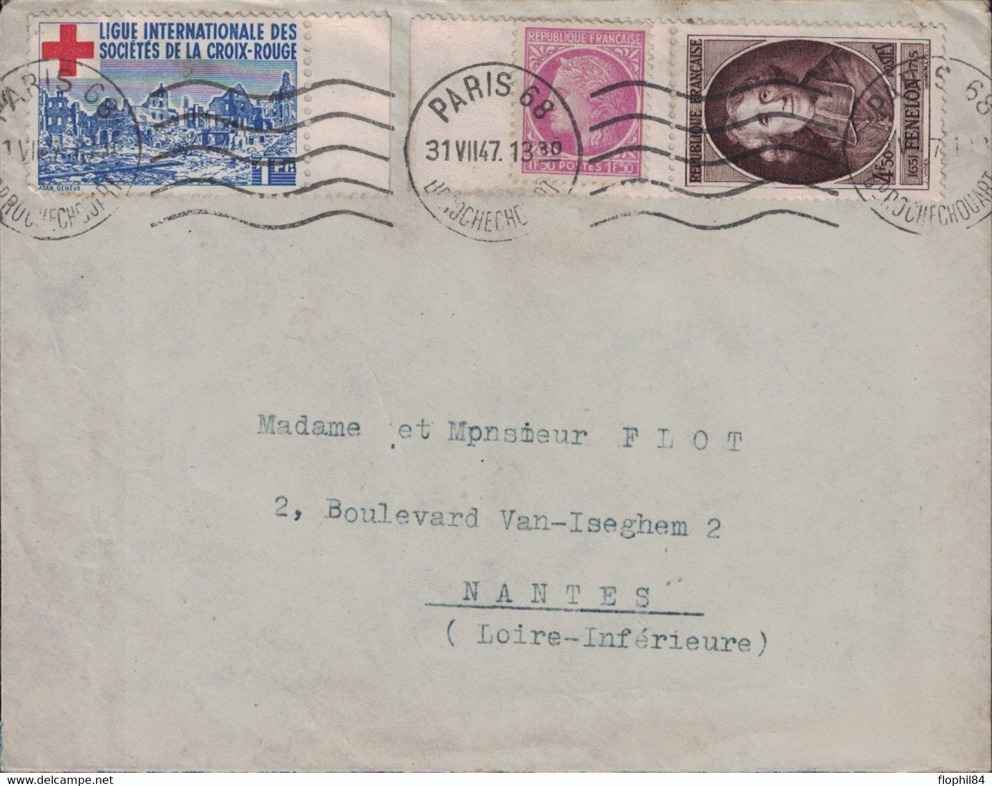 PARIS 68 - BD ROCHECHOUARD - TIMBRE DE DE LA LIGUE DES STES DE LA CROIX ROUGE - BEL AFFRANCHISSEMENT - 31-7-1947. - Rotes Kreuz