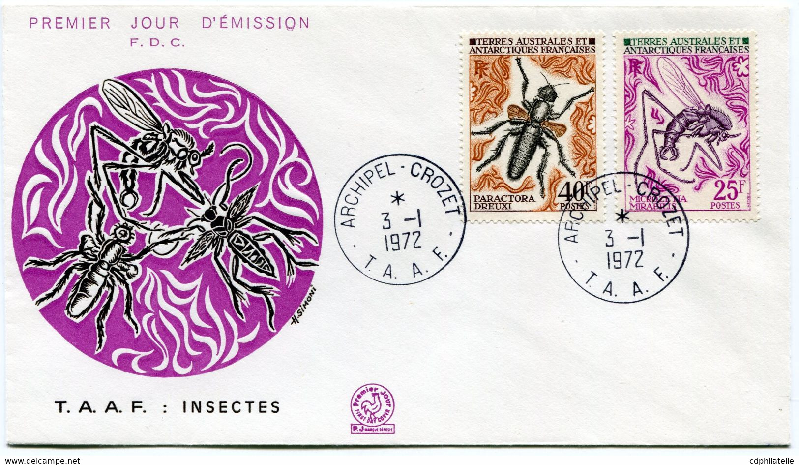 T. A. A.F ENVELOPPE 1er JOUR DES N°40 / 41 INSECTES AVEC OBLITERATION ARCHIPEL - CROZET 3-1-1972 T.A.A.F. - FDC