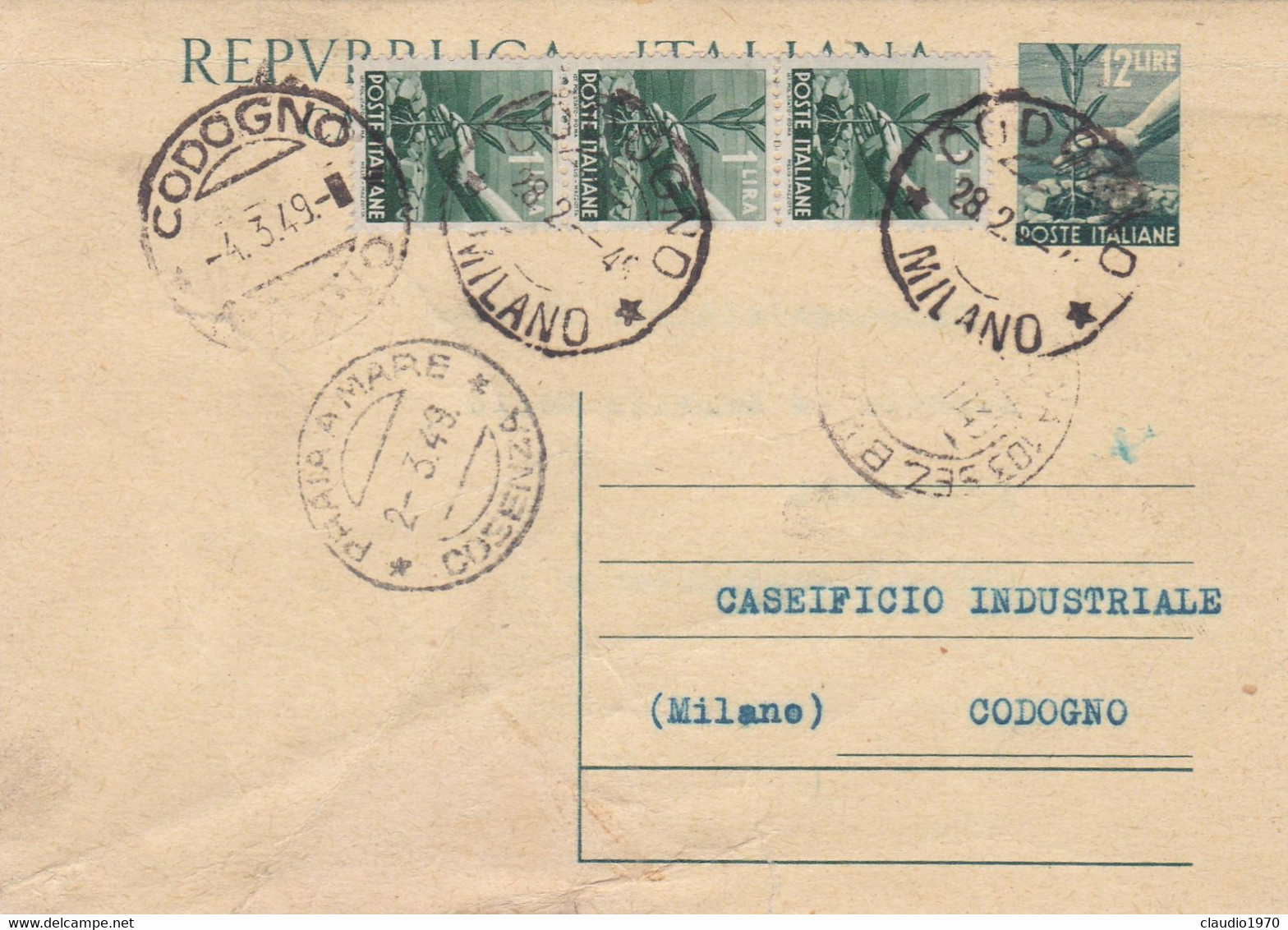 REPUBBLICA - PRAIA A MARE (COSENZA) - INTERO POSTALE  L. 12 - VIAGGIATA PER CODOGNO (LODI) - Interi Postali