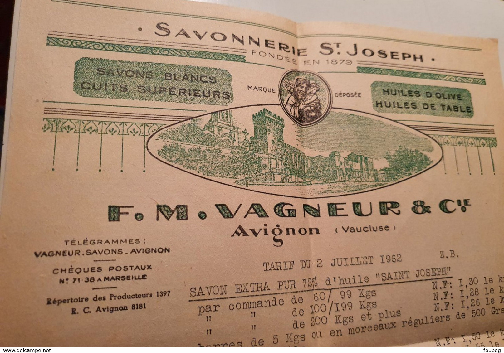 TARIF SAVONNERIE ST JOSEPH VAGNEUR AVIGNON ADRESSE A ABBE DOGIMONT CAMBRAI AVEC ENVELOPPE - Droguerie & Parfumerie