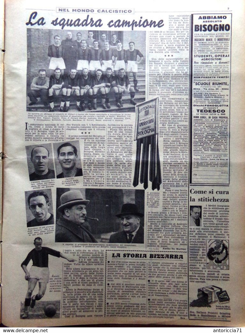 La Domenica Del Corriere 11 Maggio 1941 WW2 Duce Messaggi Segreti Bologna Calcio - Guerra 1939-45