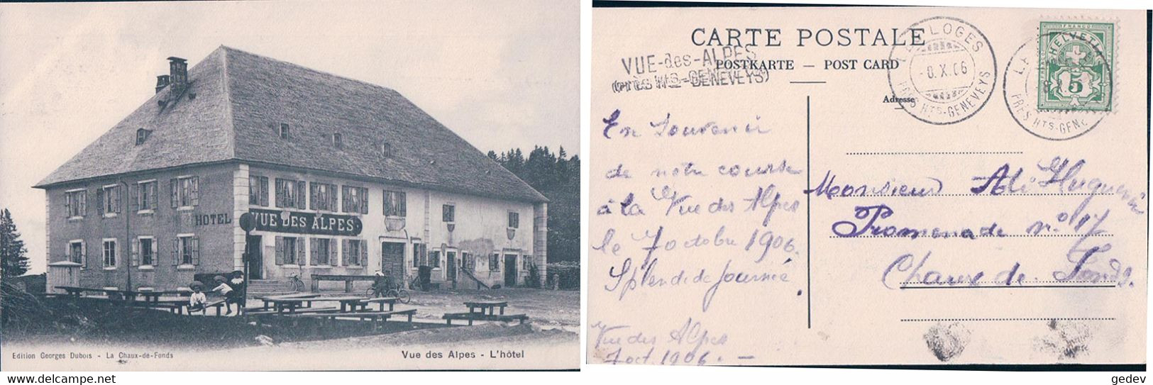 Vue Des Alpes NE, L'Hôtel + Cachet Linéaire "VUE Des ALPES Près Hts GENEVEYS" (8.10.1906) - Geneveys