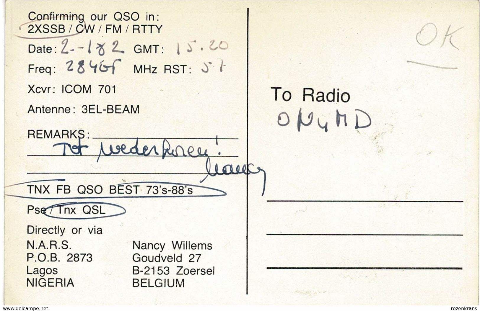 QSL Card Amateur Radio Station Lagos Nigeria Africa Nancy Willems Zoersel 1982 Funkkarte QTH - Radio Amatoriale