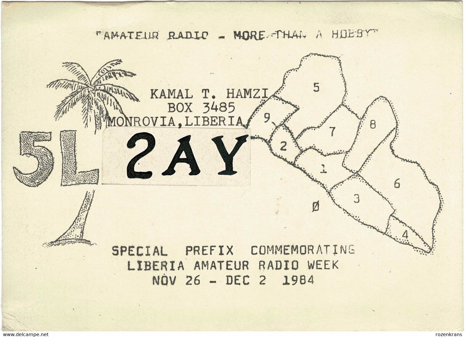 QSL Card Amateur Radio Station Kamal Hamzi Monrovia Liberia 1984  Funkkarte QTH - Radio Amatoriale