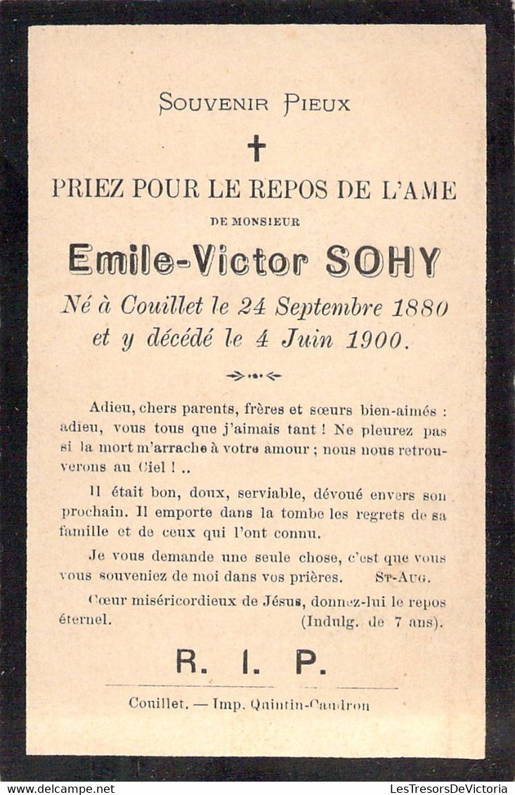 Image Pieuse - Avis De Décès- Reste In Peace RIP - Emile Victor Sohy - Sept 1880 Juin 1900 - Couillet - Andachtsbilder