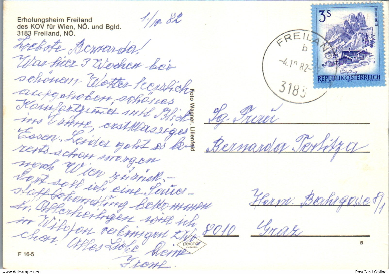 22590 - Niederösterreich - Freiland , Erholungsheim Des KOV - Gelaufen 1982 - Lilienfeld