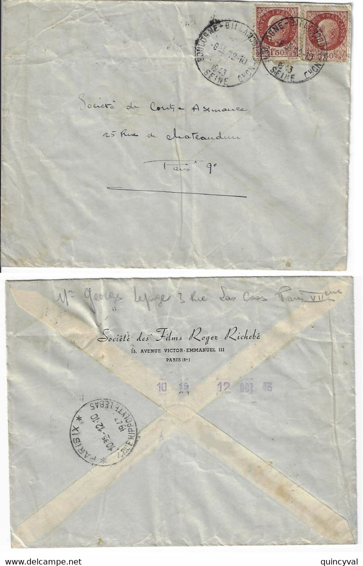 BOULOGNE BILLANCOURT NORD Lettre Sté Film Roger Richebé Pneumatique Dest Paris IX 1,50 F Pétain X 2 Yv 517 Ob 12 10 1943 - Briefe U. Dokumente