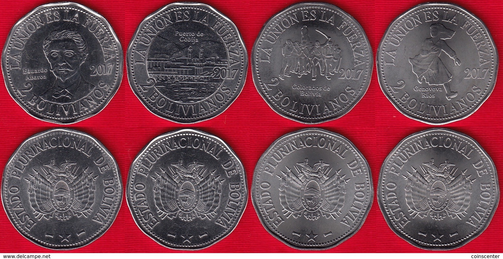 Bolivia Set Of 4 Coins: 2 Bolivianos 2017 "Territorial Claims, Chile" UNC - Bolivia