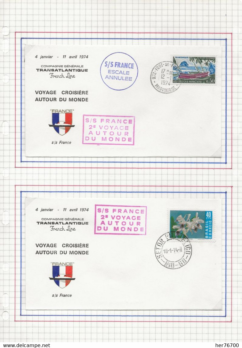 PAQUEBOT FRANCE 2EME CROISIERE AUTOUR DU MONDE  22 ESCALES - Storia Postale