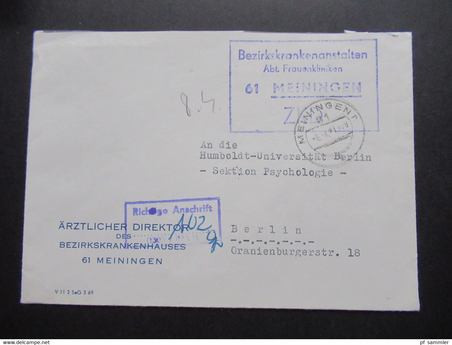 DDR Dienst 1971 ZKD Beleg Bezirkskrankenanstalten Abt. Frauenkliniken Meiningen Mit Viol. Stempel Richtige Anschrift... - Sonstige & Ohne Zuordnung