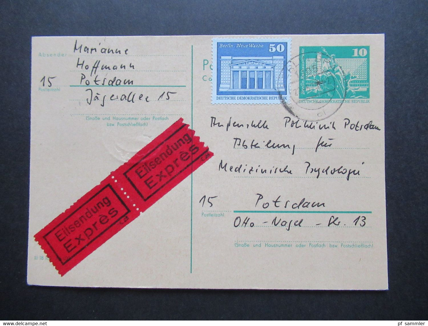 DDR 1975 Ganzsache Mit Zusatzfrankatur Als Postkarte Eilsendung Expres / Bessere Verwendung! Berlin / Potsdam - Covers & Documents