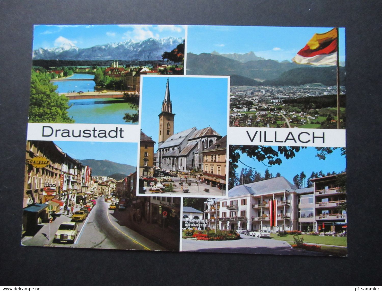 Österreich 1983 Mehrbild AK Draustadt Villach Frankiert Mit Ganzsachen Ausschnitte Und ATM / Automatenmarke - Storia Postale