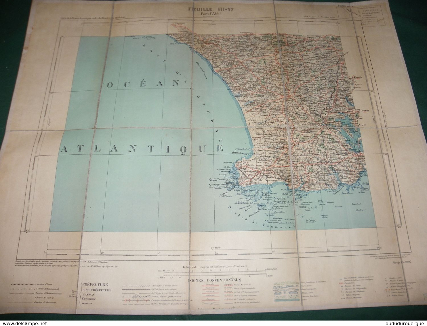 PONT - L ' ABBE  :  CARTE DRESSEE PAR ORDRE DU MINISTERE DE L INTERIEUR ,  TIRAGE DE 1907 , CARTE  TOILEE - Cartes Topographiques