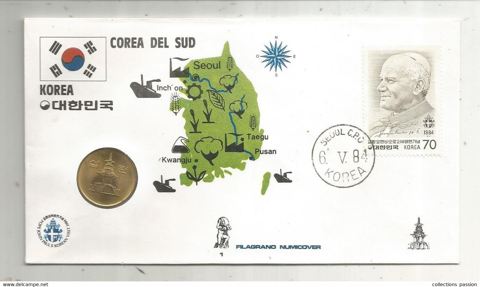 Lettre, KOREA , SEOUL C.P.O , 1984 + Monnaie ,currency : 10 Won , 1983, Filagrano Numicover, Pape,  Frais Fr 1.95 E - Korea (Zuid)