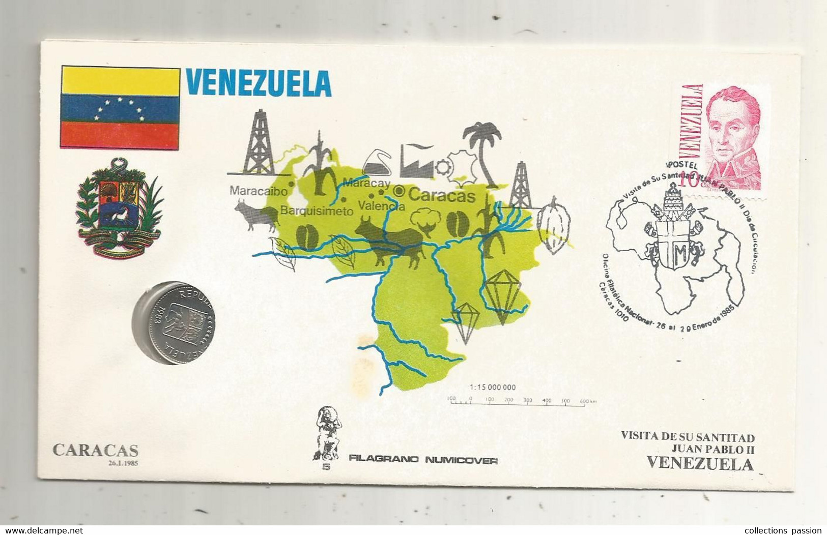 Lettre, VENEZUELA, CARACAS 1010,1985+ Monnaie,currency, 5 CENTIMOS , 1983, Filagrano Numicover, Pape,  Frais Fr 1.95 E - Venezuela