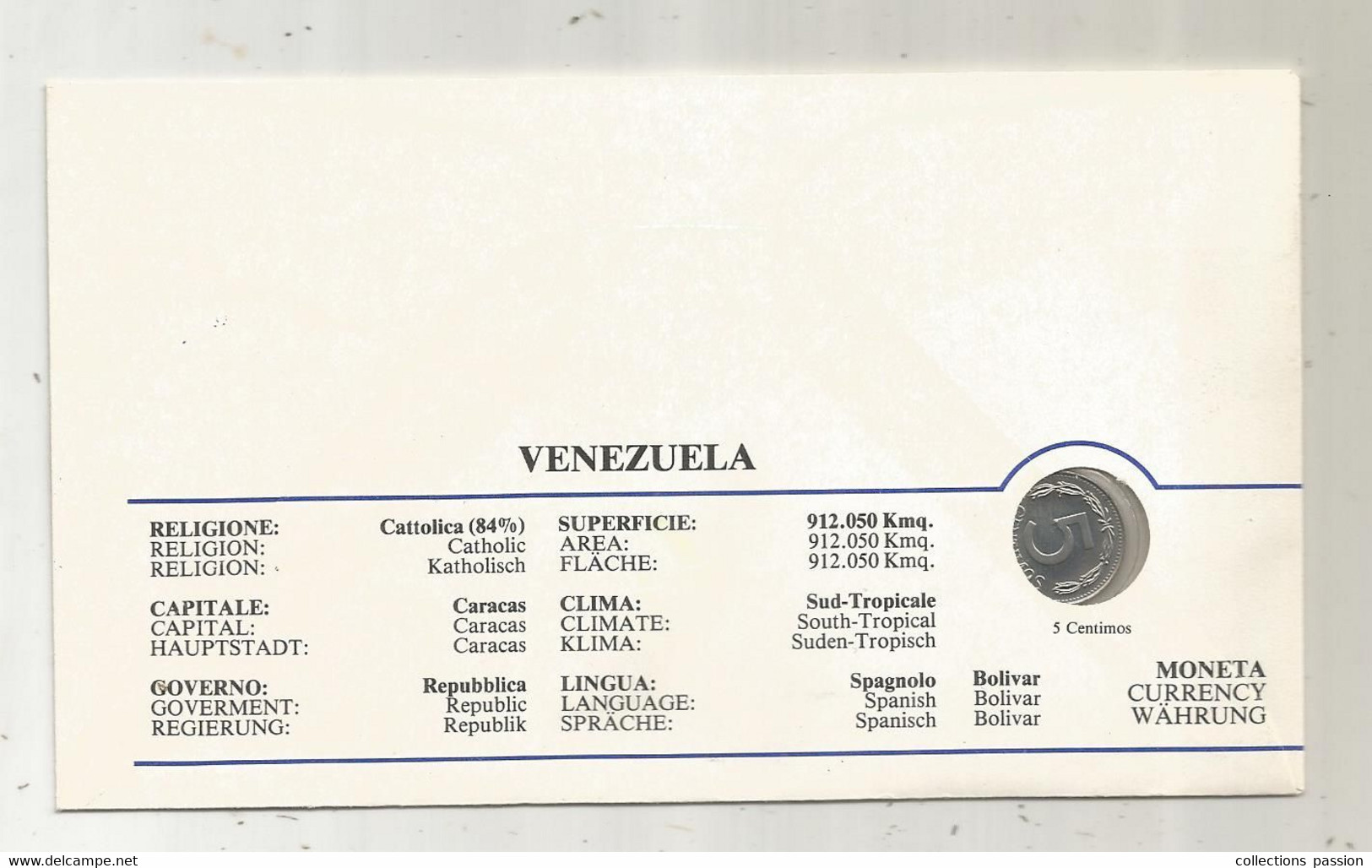 Lettre, VENEZUELA, CARACAS 1010,1985+ Monnaie,currency, 5 CENTIMOS , 1983, Filagrano Numicover, Pape,  Frais Fr 1.95 E - Venezuela