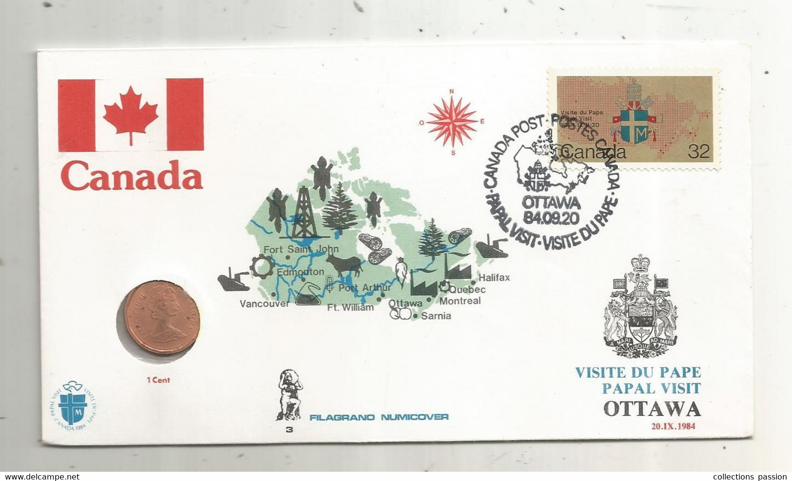 Lettre, CANADA,OTTAWA,1984+ Monnaie,currency, 1 CENT , 1984, Filagrano Numicover, Pape,  Frais Fr 1.95 E - Commemorativi