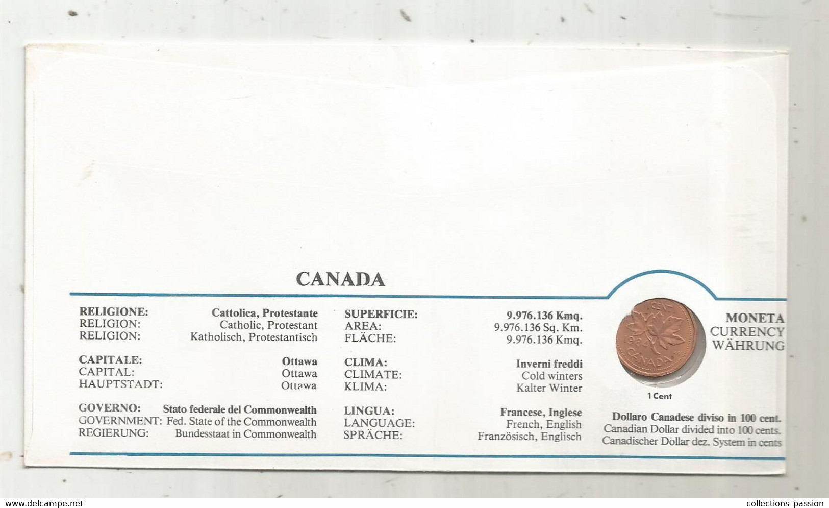 Lettre, CANADA,OTTAWA,1984+ Monnaie,currency, 1 CENT , 1984, Filagrano Numicover, Pape,  Frais Fr 1.95 E - Enveloppes Commémoratives