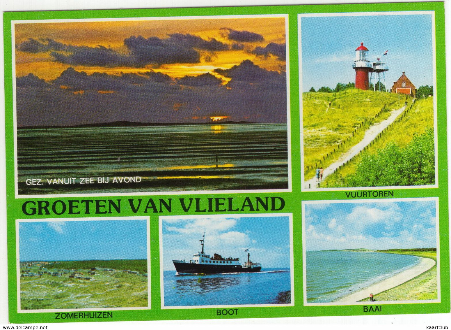 Groeten Van Vlieland - Zomerhuizen, Zee Bij Avond, Vuurtoren, Baai, Boot - (Wadden, Nederland/Holland) - No. L 4959 - Vlieland