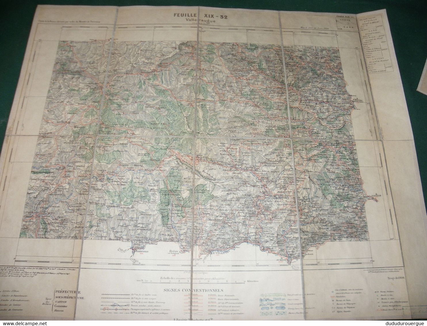 VALLERAUGUE :  CARTE DRESSEE PAR ORDRE DU MINISTERE DE L INTERIEUR ,  TIRAGE DE 1906 , CARTE  TOILEE - Cartes Topographiques