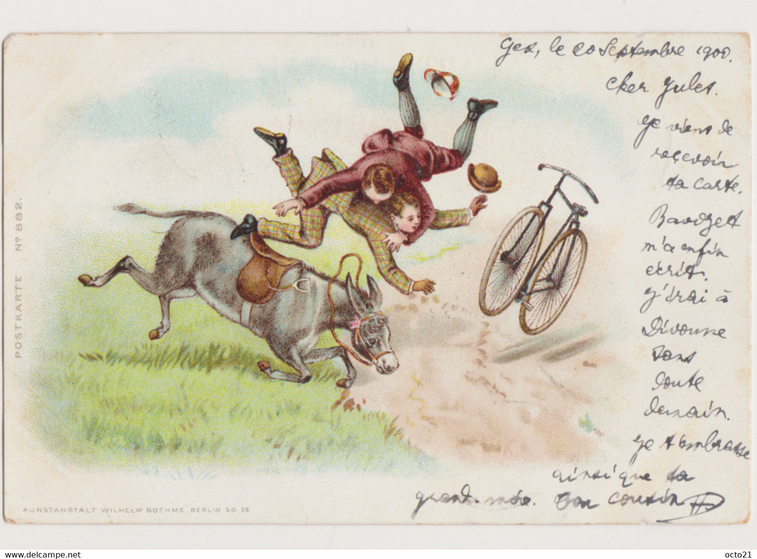 Carte Fantaisie Dessinée / Collision Entre Un Cavalier Et Sa Monture Et Un Cycliste - Unclassified