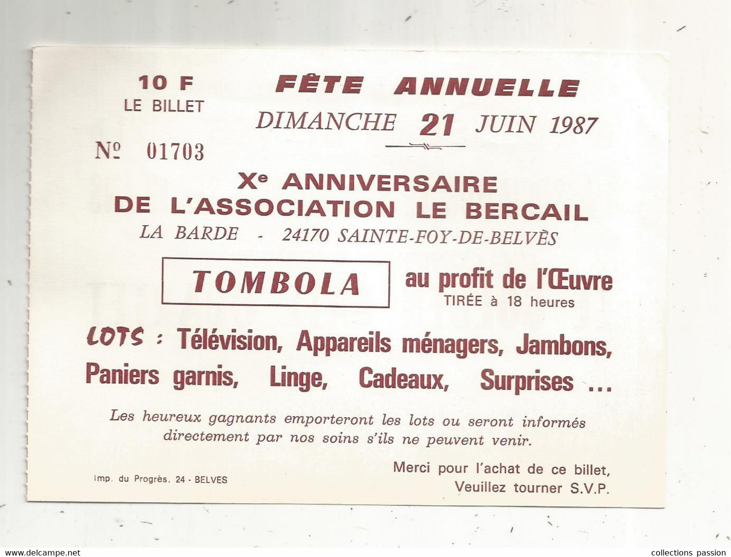 Programme, FËTE ANNUELLE,CONCERT, 1987, SAINTE FOY DE BELVES,24 , 2 Scans, Frais Fr 1.65 E - Programme