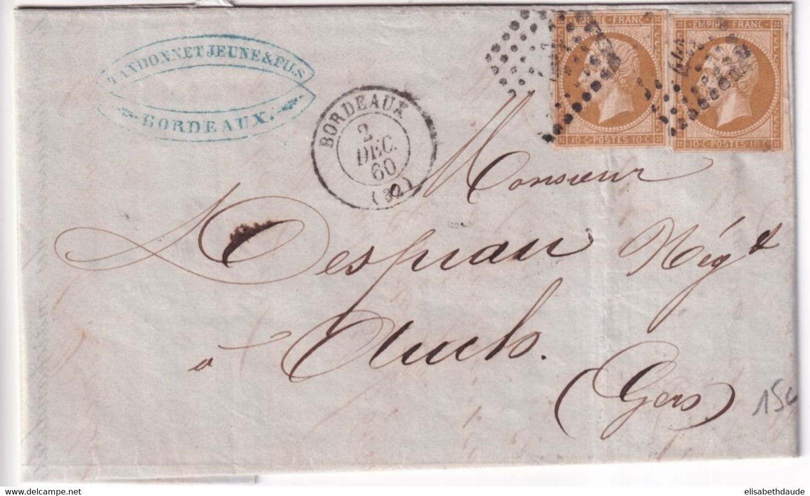 1860 - 10c X2 EMPIRE NON DENTELE Sur LETTRE De BORDEAUX => AUCH - 1853-1860 Napoleon III