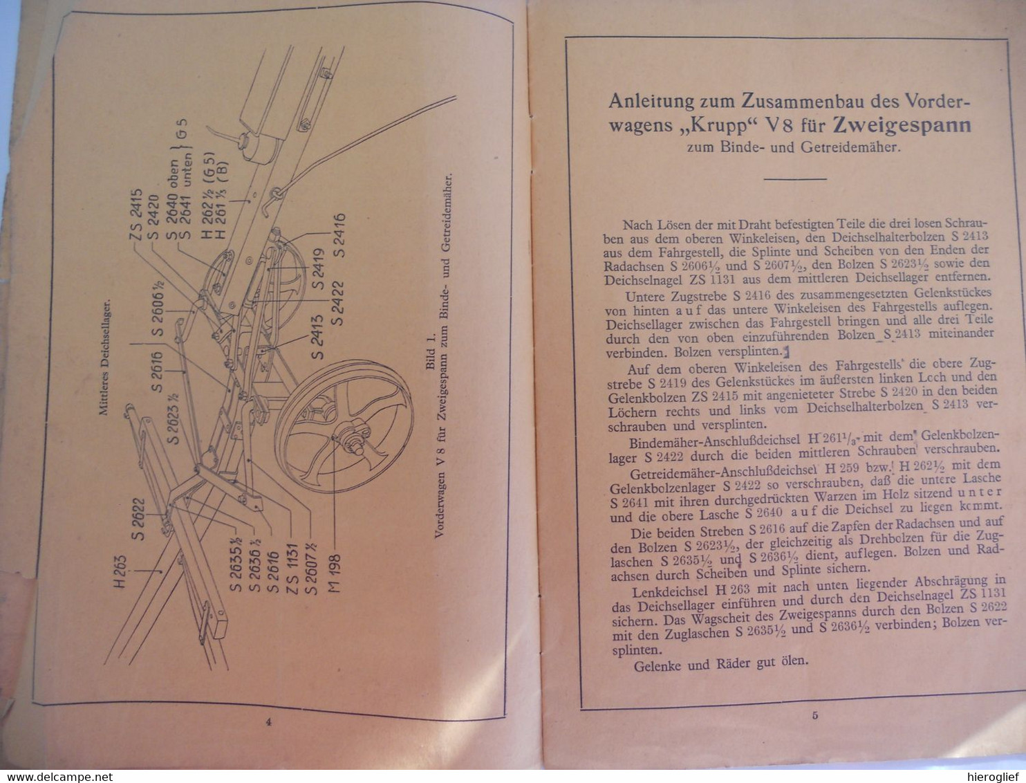 KRUPP ERNTEMASCHINEN Ersatzteilliste & Antleitung Zum Zusammenbau VORDERWAGENS KRUPP Für BINDEMÄHER .. ESSEN - Shop-Manuals