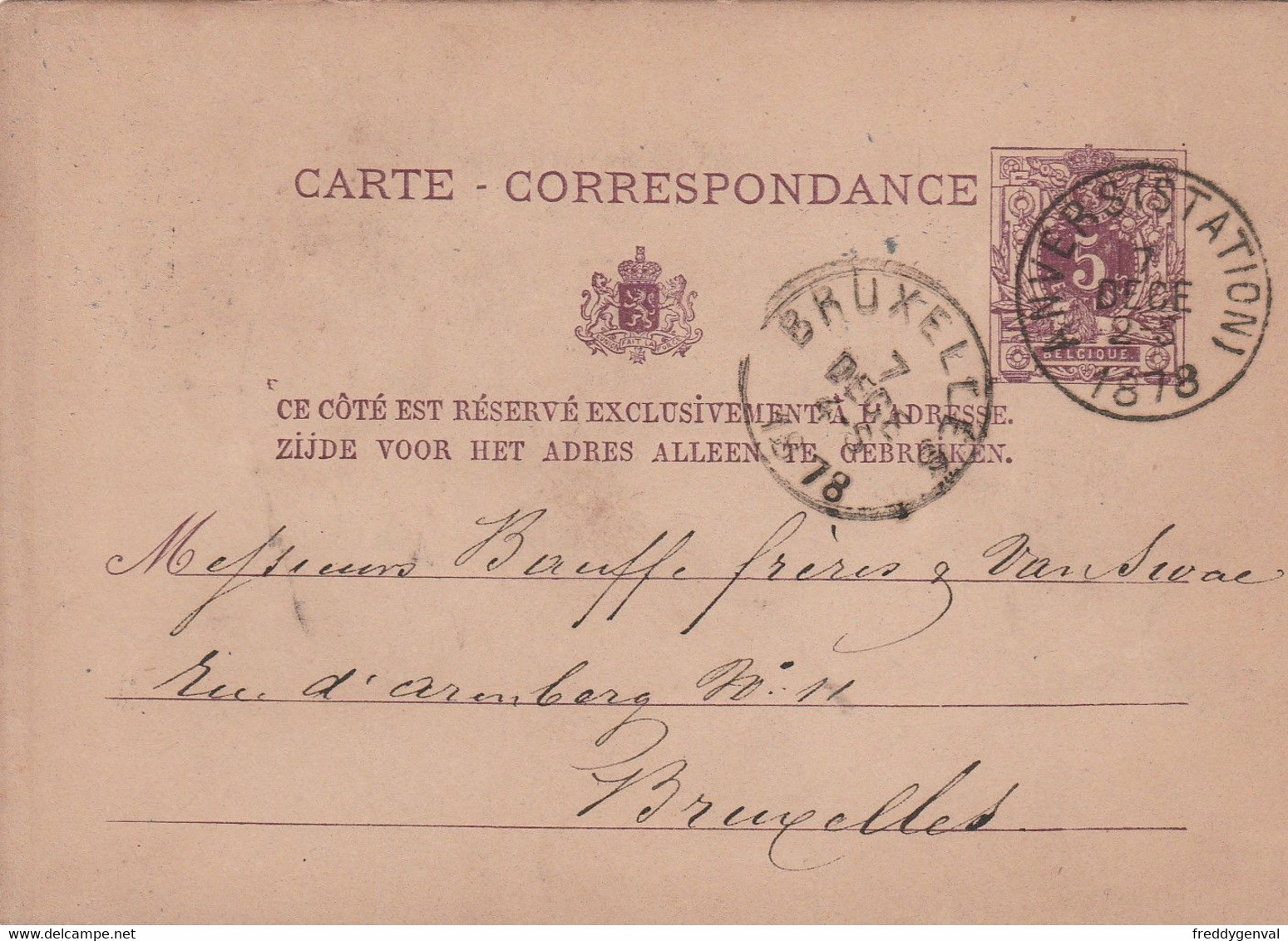 BRUXELLES CARTE DE CORRESPONDANCE 1878 - 1800 – 1899