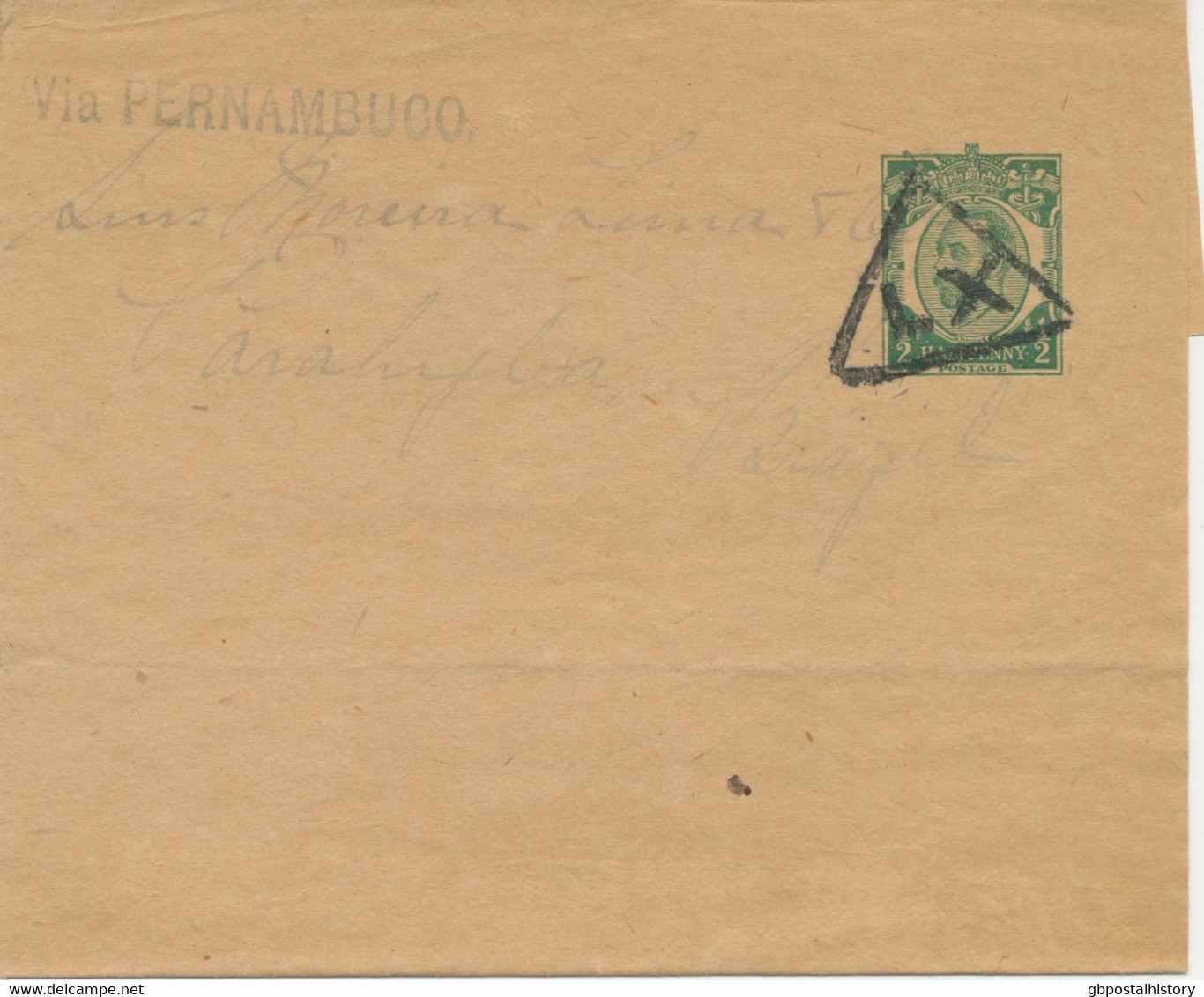 GB „LX“ (large triangle w small letters) LIVERPOOL-Triangle on very fine ½d yellowgreen EVII postal stationery wrapper