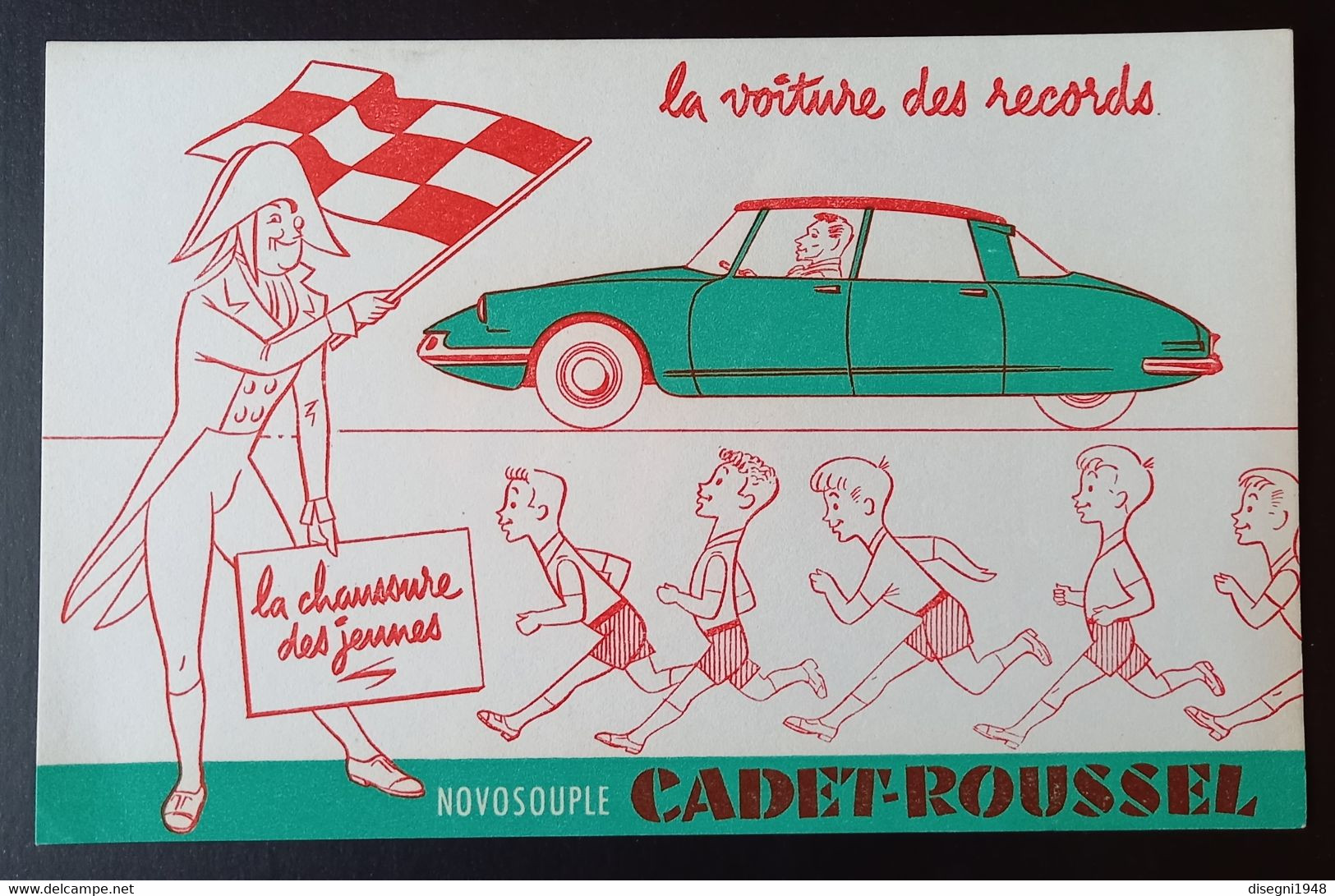 010969 "LA VOITURE DES RECORDS / LA CHAUSSURE DEL JEUNES - CADET-ROUSSEL" CARTA ASSORBENTE ILLUSTRATA ORIGINALE - Auto's