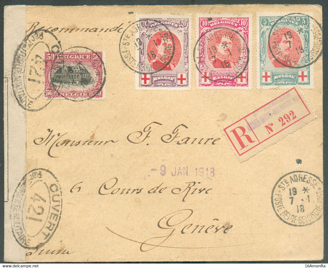 N°132/134-144 - Série ALBERT CROIX-ROUGE + 50c. Emission 1915 Obl. Sc Ste-ADRESSE (POSTE BELGE) Sur Lettre Recommandée D - Otros & Sin Clasificación