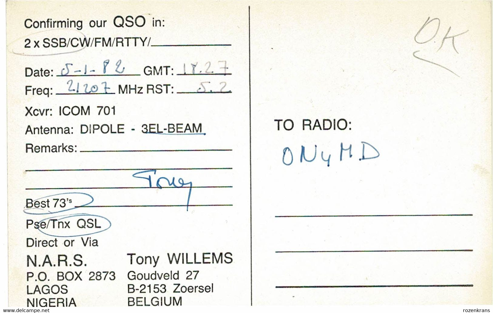 QSL Card Amateur Radio Station Lagos Nigeria Africa Nancy Willems Zoersel 1982 Funkkarte QTH - Amateurfunk