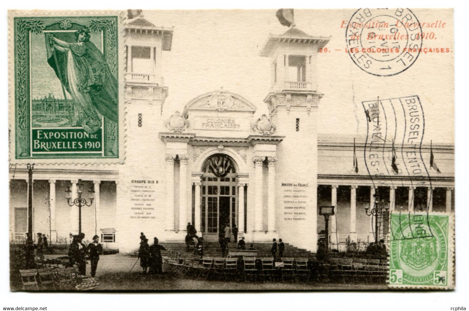 RC 21773 BELGIQUE EXPOSITION BRUXELLES 1910 AVEC VIGNETTE SUR CARTE POSTALE " LES COLONIES FRANÇAISES " TB - Erinnofilia [E]