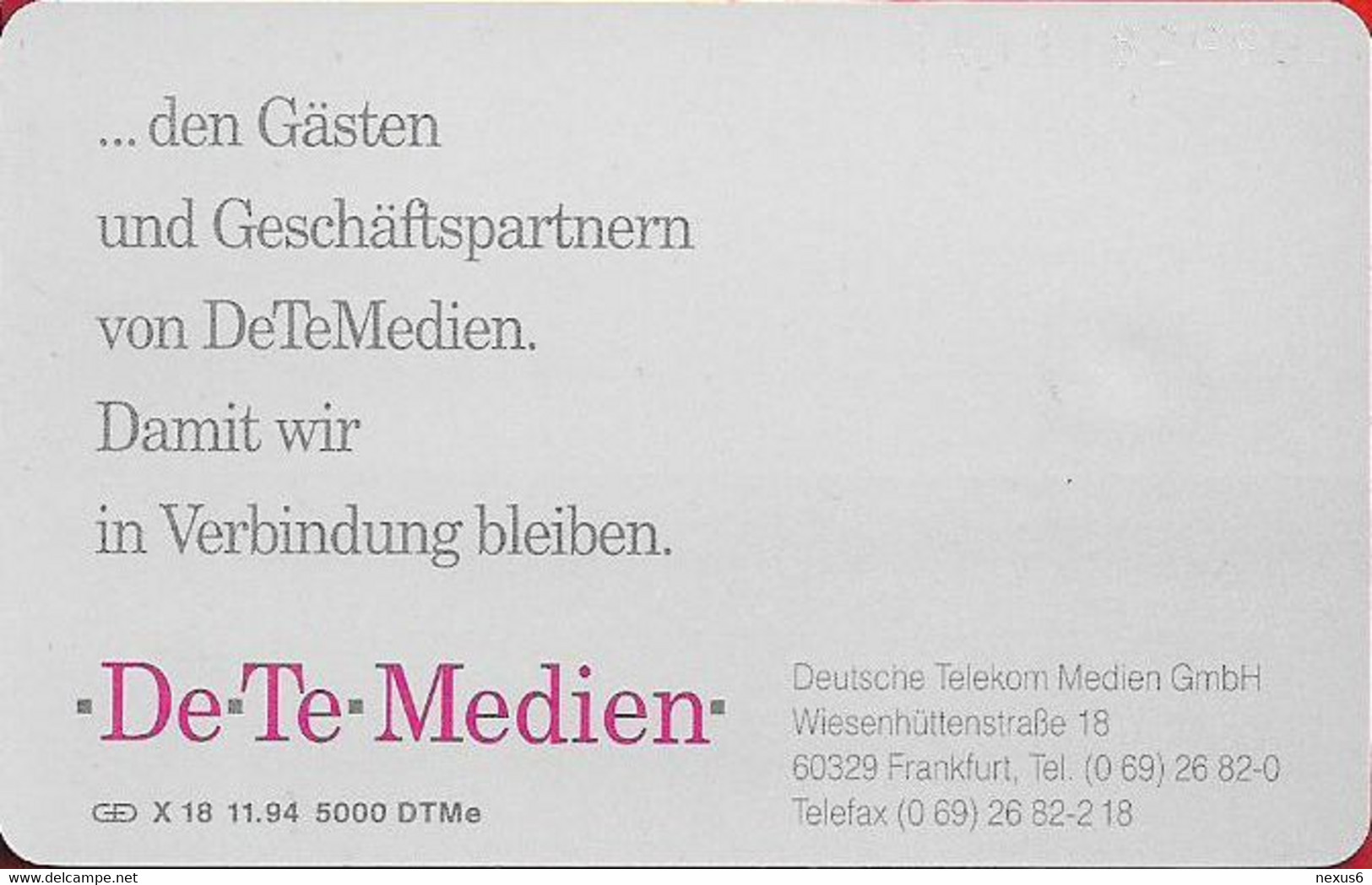 Germany - X 18 - DeTeMedien - Den Gästen Und Geschäftspartnern Von DeTeMedien, 11.1994, 6DM, 5.000ex, Used - X-Series: Werbeserie Mit Eigenwerbung Der Dt. Postreklame GmbH