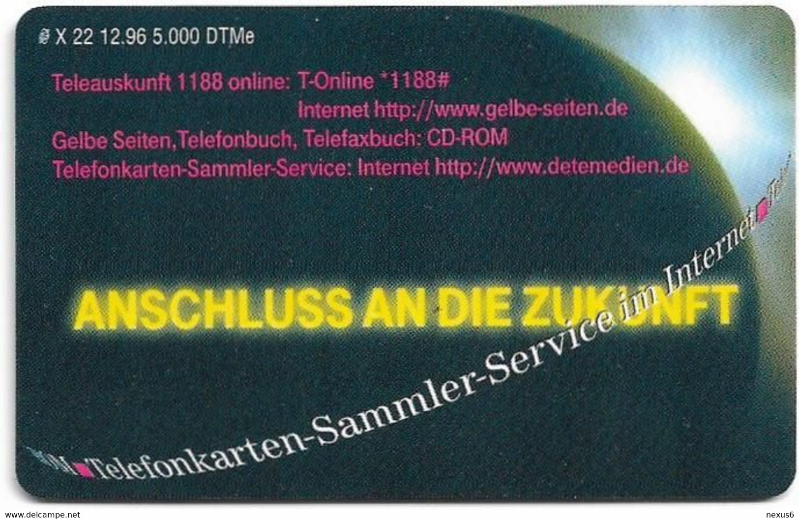 Germany - X 22 - DeTeMedien - Anschluss An Die Zukunft, 12.1996, 6DM, 5.000ex, Used - X-Series : Pubblicitarie Della D. Postreklame