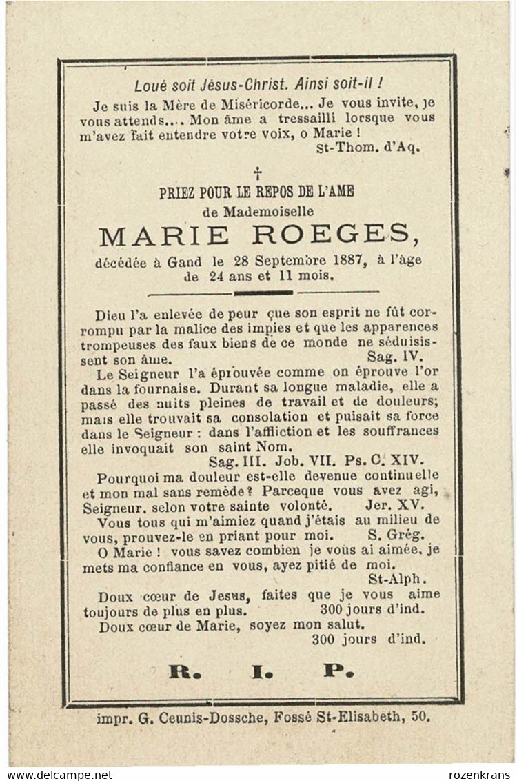 Marie Roeges Gent Gand 1887 Litho Lithographie Zeer Oud Doodsprentje Image Mortuaire - Gent