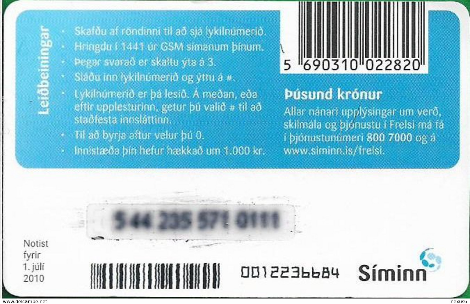 Iceland - Siminn - Blue 1000, Exp.01.07.2010, GSM Refill 1.000Kr, Used - Islandia