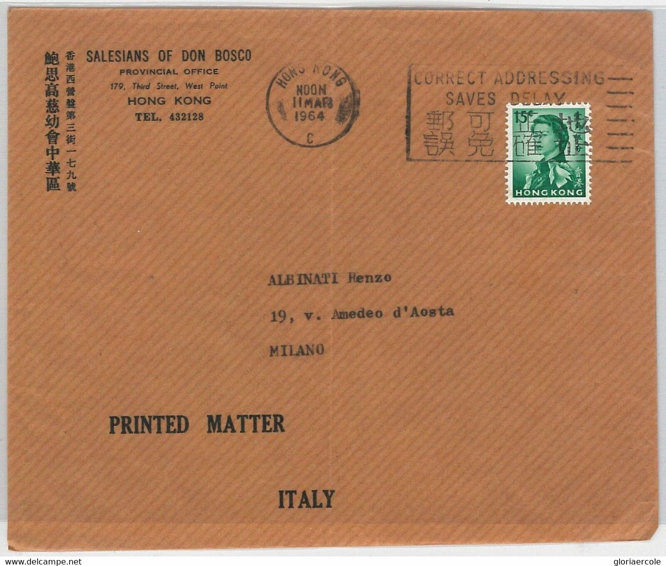 48931  - HONG KONG --  POSTAL HISTORY:  COVER To ITALY 1964 -- Printed Matter - Cartas & Documentos