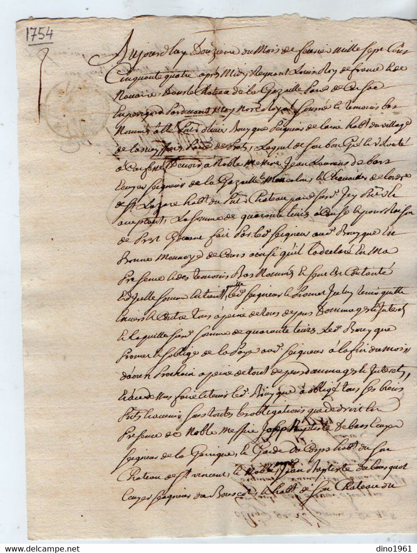 VP18.655 - Cachet De Généralité De BORDEAUX - Acte De 1754 - Obligation - Messire DEBARS Ecuyer Seigneur De La Gazeille - Cachets Généralité