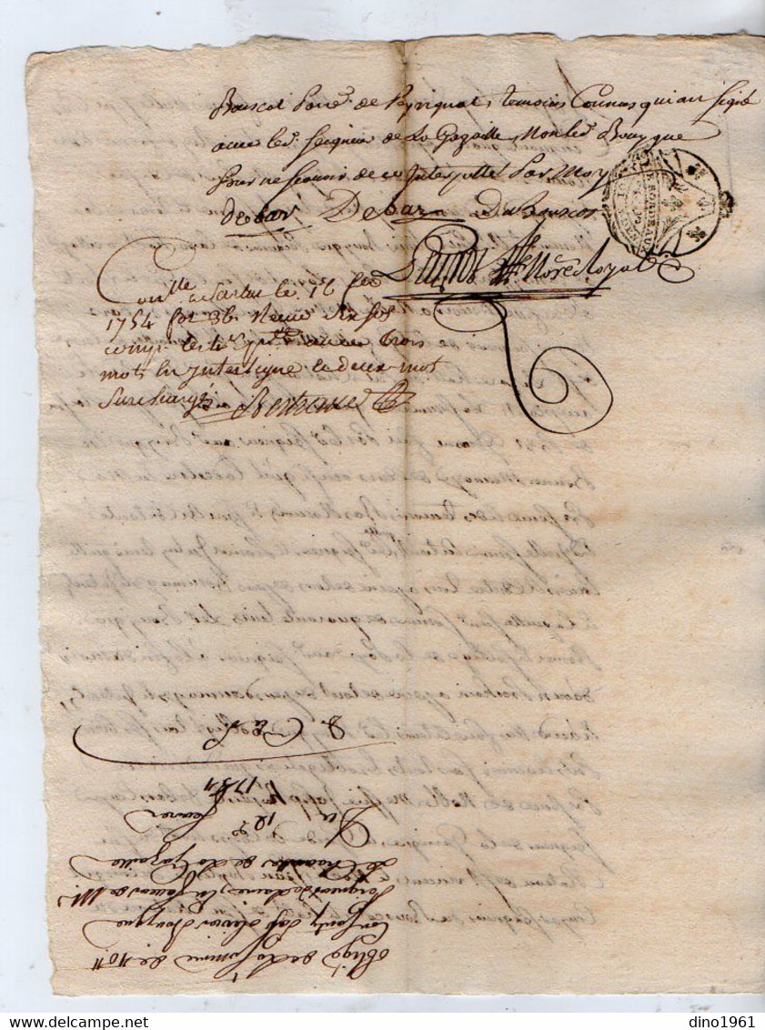 VP18.655 - Cachet De Généralité De BORDEAUX - Acte De 1754 - Obligation - Messire DEBARS Ecuyer Seigneur De La Gazeille - Timbri Generalità