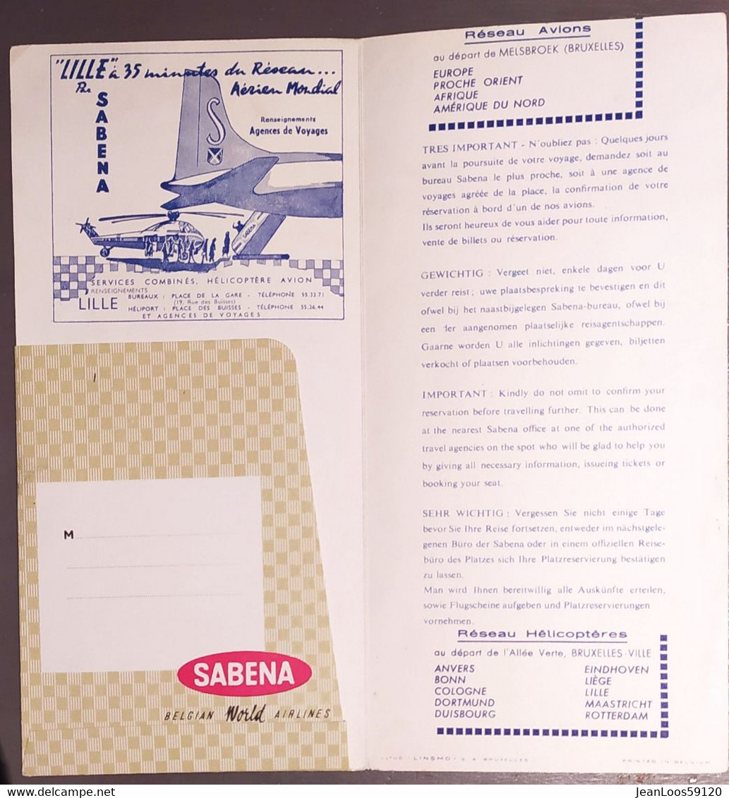 Sabena Carte Embarquement Publicité ESSO  HELIBUS Sikorsky Helicoptere Lille Bruxelles - Tarjetas De Embarque