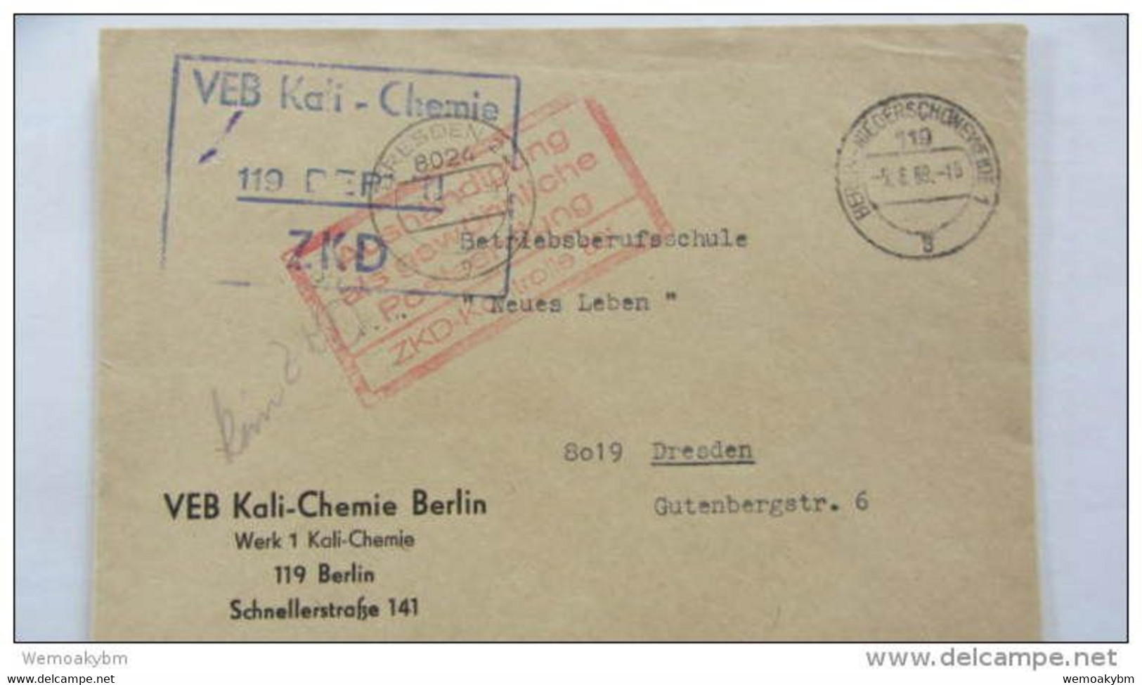 DDR ZKD Fern-Bf Mit ZKD-Kastenstpl Und Rotem Stpl "Aushändigung Als Gewöhnliche Postsendung" Vom 5.6.69 - Briefe U. Dokumente